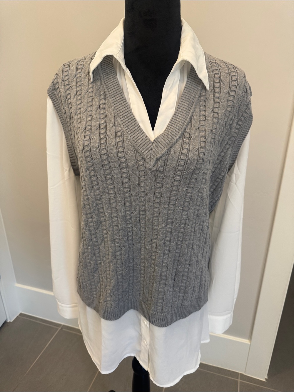 Classic Gray Cable-Knit V-Neck Sweater Vest